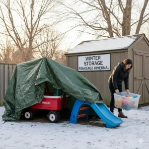 Preparing large outdoor baby toys like slides and wagons for winter storage in a Canadian backyard shed.
