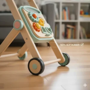 A sturdy sit to stand walker with non-slip rubber wheels designed for stability on Canadian hardwood and laminate flooring.