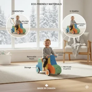 Illustration highlighting BPA-free and recycled materials used in premium indoor ride on toys for babies in Canada.