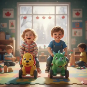 Two Canadian toddlers racing on a puppy and a dinosaur ride-on toy in a daycare setting.