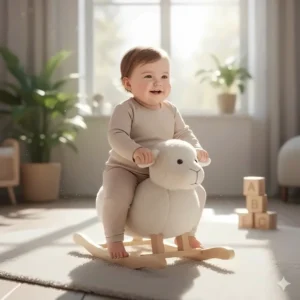 Illustration of a baby building core strength and balance while playing with a soft ride on rocker.