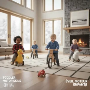 Illustration showing how toddler ride-on toys help develop gross motor skills in young children.