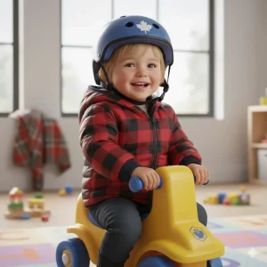 Close-up illustration of a Canadian toddler wearing a safety helmet while using a ride-on toy.