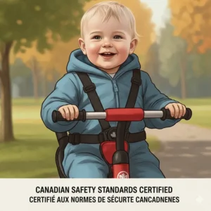 Close-up of a secure 5-point safety harness on a 3 in 1 tricycle for toddlers designed for Canadian safety standards.