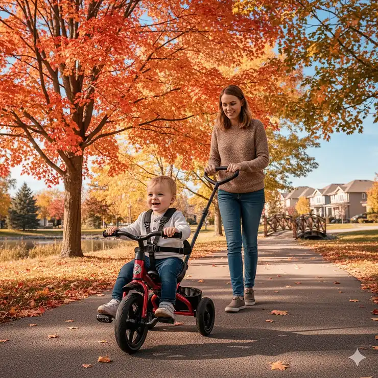 A toddler riding a red tricycle with push handle on a paved trail in a Canadian city park during autumn.