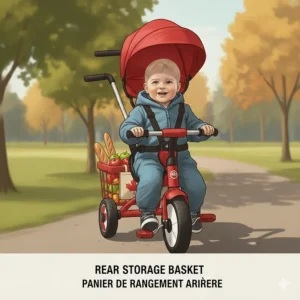 A 3 in 1 tricycle for toddlers featuring a rear storage basket filled with groceries and a Canadian maple leaf bag.