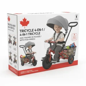 Illustration of product packaging for a tricycle with push handle featuring bilingual English and French text for the Canadian market.