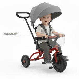 Illustration of a tricycle with push handle and an extendable UV-protection canopy for sunny Canadian summers.