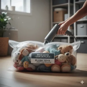 Using vacuum-sealed bags for storing soft baby toys in winter to save space in small Canadian apartments.