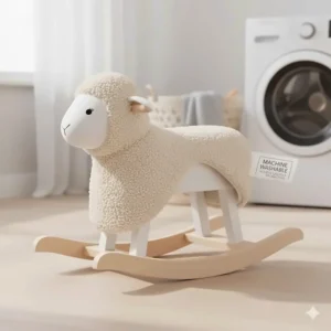 Diagram showing a removable, machine-washable fabric cover for a soft ride on animal, ideal for busy parents.