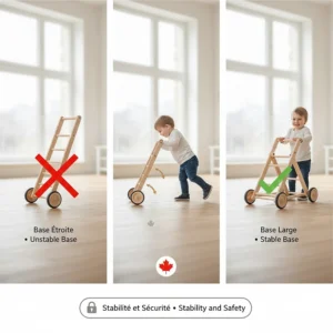 Comparison of wheel-base widths to prevent tipping, ensuring a safe walking experience for Canadian infants.