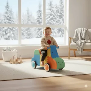 Illustration of a baby staying active with indoor ride on toys during a Canadian winter.