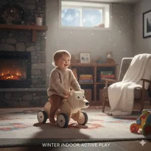 Toddler staying active during Canadian winter with a baby ride on for indoor use in a cozy basement playroom.