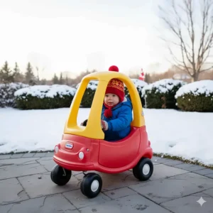 A Canadian child wearing a winter toque and jacket playing with a Little Tikes Cozy Coupe on a cleared patio.