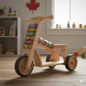 Illustration of a sustainable wooden alphabet scooter, a popular educational ride on toy for Canadian preschoolers.