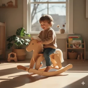 A minimalist wooden horse ride-on toy, a durable choice for Canadian parents looking for sustainable animal-themed toddler gear.