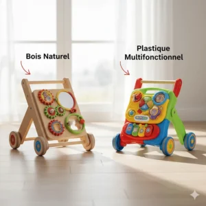 A side-by-side comparison of a sustainable wooden walker and a multifunctional plastic activity walker.