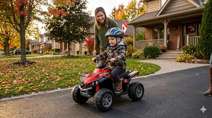 A toddler riding a 6v electric ATV on a paved driveway in a Canadian suburban neighborhood during autumn.