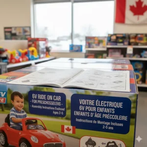 An illustration showing bilingual English and French assembly instructions for 6V ride-on cars for preschoolers.