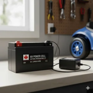 A 6V rechargeable battery and charger for preschooler electric vehicles, emphasizing long-lasting power for outdoor play.