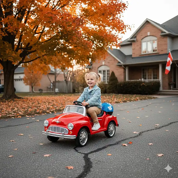 A preschooler driving a red 6V ride-on toy car on a paved driveway in a Canadian suburban neighborhood during autumn.