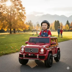 Young child driving a licensed 6V ride-on vehicle through a paved path in a scenic Canadian park.