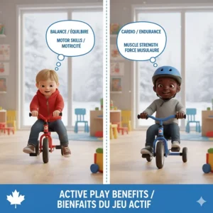 Vibrant graphic showing the physical benefits of foot-to-floor vs tricycle for active Canadian toddlers in daycare settings.
