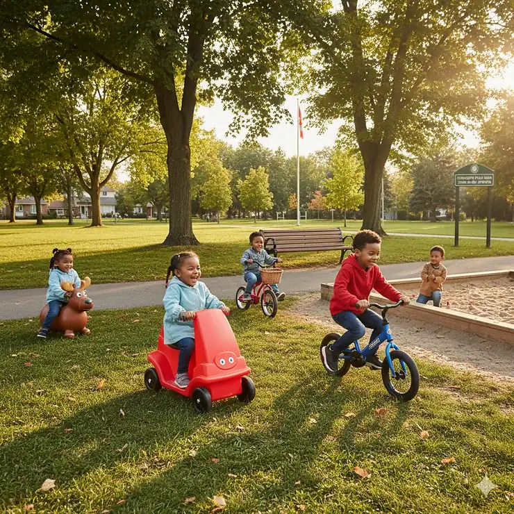 A variety of affordable ride on toys under $100 CAD being used by children in a Canadian park, featuring foot-to-floor cars and tricycles.