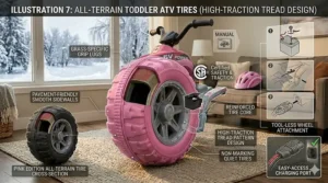 Close-up illustration of high-traction wheels on a 6v electric ATV for toddlers, designed for grass and pavement.