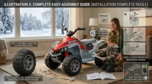 Step-by-step illustration showing the easy assembly of a kids' 6v electric quad bike.