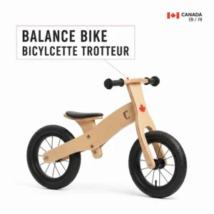 Illustration of a balance bike with a "Bicycle trotteur" label, catering to English and French-speaking Canadian parents.