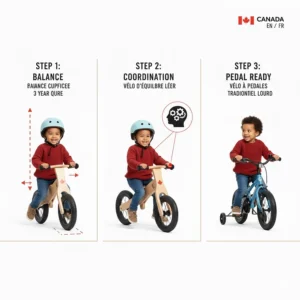 An infographic showing how a balance bike for a 3-year-old helps develop coordination and confidence before a pedal bike.