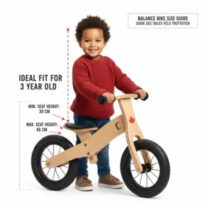 A technical diagram showing the adjustable seat height of a balance bike for a 3-year-old Canadian child.