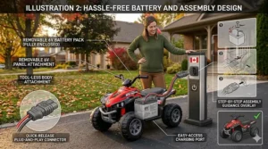 Illustration of a 6v battery charging for a toddler power wheel, highlighting simple plug-and-play use for parents.