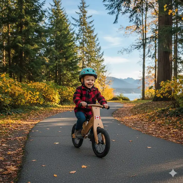 A 3-year-old toddler wearing a safety helmet riding a wooden balance bike on a paved park trail in Vancouver during autumn.