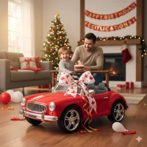 A 6V ride-on car decorated with a bow, perfect as a top-rated birthday gift for Canadian preschoolers.