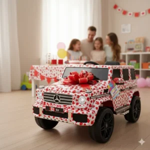 A brightly wrapped licensed 6V ride-on car ready for a birthday celebration in a Canadian home.