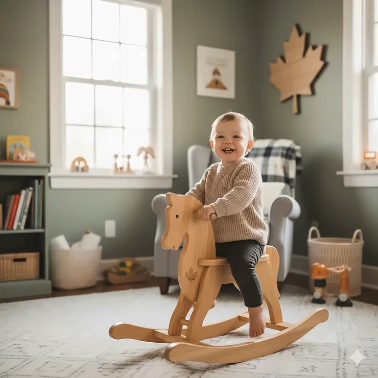 A toddler happily riding a wooden rocking horse in a sunlit Canadian nursery with a maple leaf decor accent.