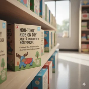 Illustration of non-toxic ride-on toy packaging featuring English and French (Jouets à enfourcher non toxiques).