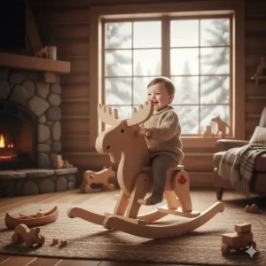 A whimsical Canadian moose-shaped rocking horse for toddlers in a rustic cabin-style playroom.