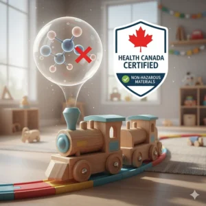 Graphic showing a non-toxic ride-on toy meeting Health Canada safety standards for non-hazardous materials.