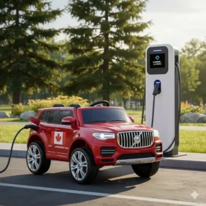 Flat vector illustration of an eco-friendly charging station for a first electric car for toddlers.