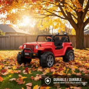 Durable weather resistant outdoor ride on toy maintaining its vibrant color against a backdrop of Canadian autumn leaves.