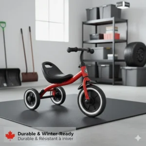 Illustration of a durable low-rider tricycle being stored in a garage, emphasizing rust-resistant materials for Canadian climates.