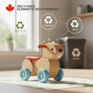 A breakdown of recyclable parts in a non-toxic ride-on toy, emphasizing Canadian environmental values.