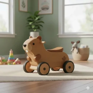 A sustainable wooden ride-on toy for an 18-month-old, reflecting Canadian values of environmental responsibility.