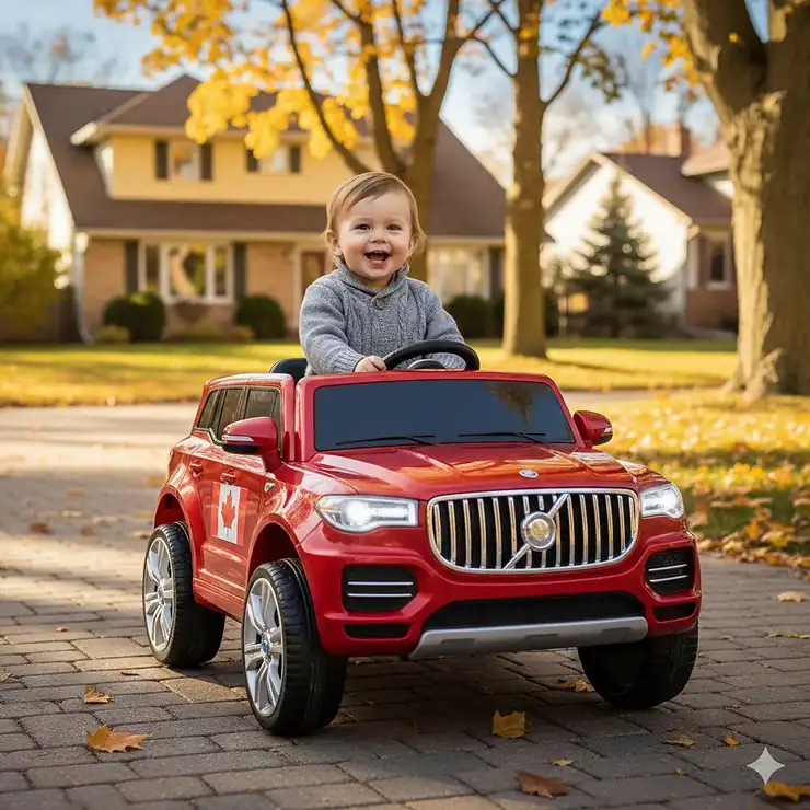 A Canadian toddler smiling in their first electric car, a red ride-on SUV, parked on a suburban driveway in Ontario.