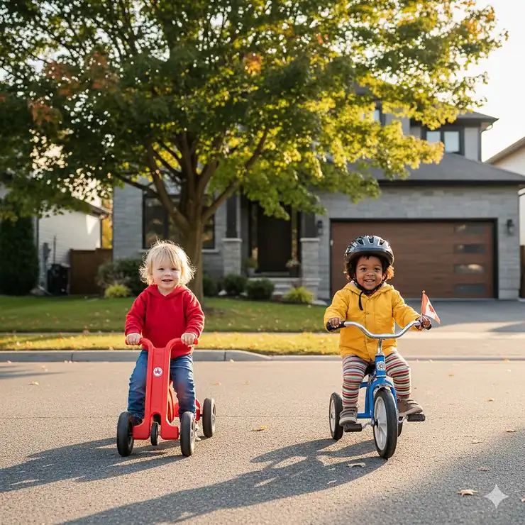 A Canadian toddler testing a red foot-to-floor ride-on and a classic tricycle on a paved driveway near a maple tree.