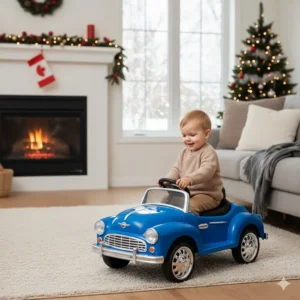 A toddler enjoying a compact 6V ride-on car inside a Canadian living room, ideal for active play during winter months.