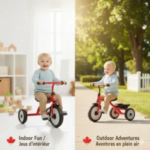 Illustration of a low tricycle for short toddlers being used both in a playroom and on a Canadian sidewalk.